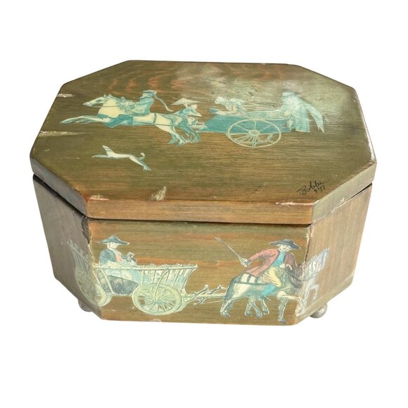 Vintage 70’s Wooden Jewelry Keepsake Tea Caddy Storage Box Decoupage Handmade - Picture 1 of 11